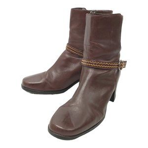 Clarks Leather Buckle Strap Ankle Boots 9 Side Zip Bootie Brown Block Heel 71037